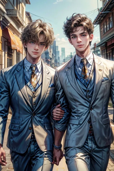 close-up look, half-body image, two handsome young male walk together, wearing university uniform, smiling, soft light, hi-quari...