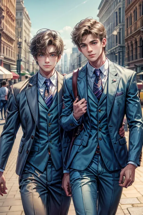 close-up look, half-body image, two handsome young male walk together, wearing university uniform, smiling, soft light, hi-quari...