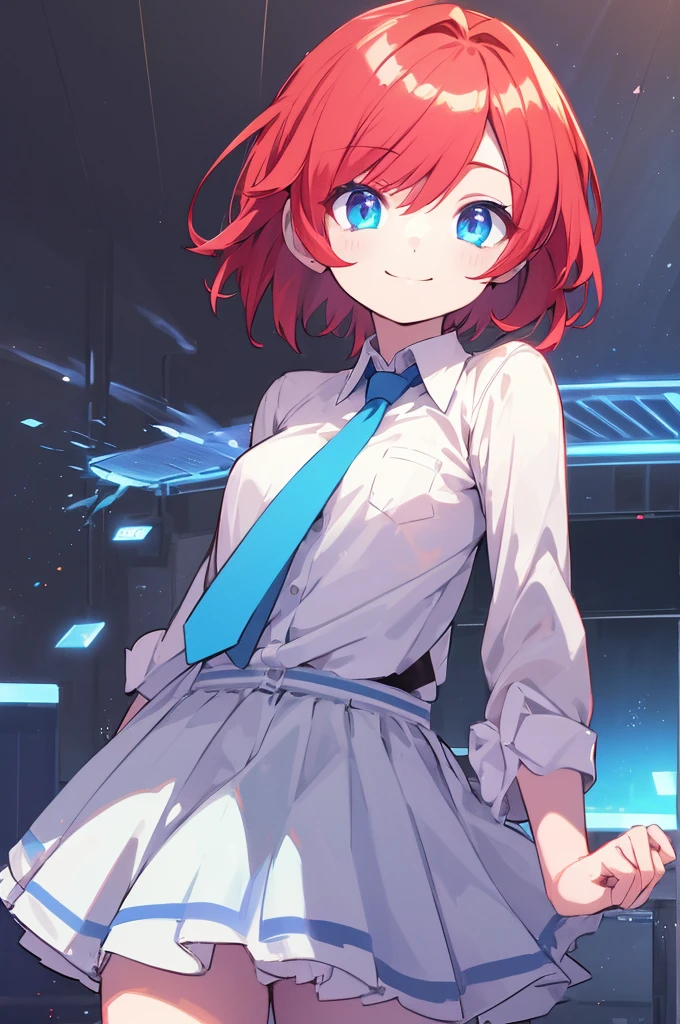 1girl, Short hair, small size, red hair color, Blue eyes, She wears school clothes, a white shirt, Short blue skirt, and a blue tie, smile, light smile, anime, cinematic lighting, first-person view, UHD, 4K,The eye gate is clear,White background,Stand up straight