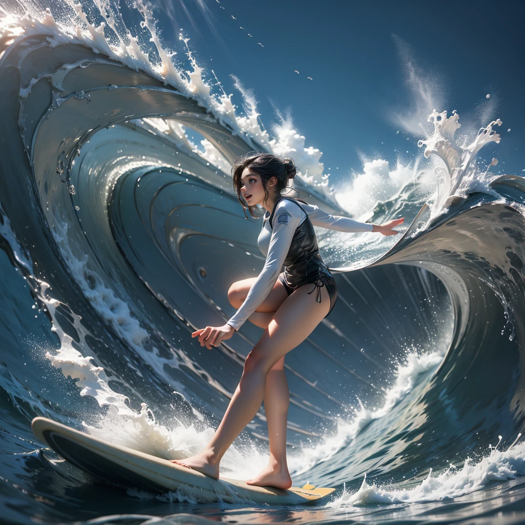 (Luminism:1.28), Side view、(TopQuality 8K Masterpiece:1.2) (ProfessionalPHOTO:1.37) Extremely Detailed (A girl standing on a surfboard riding a wave), (Colorful morning Glory Rays)、(Crouching and balancing on a Life Size surfboard:1.28), (There is Only one surfboard under her feet:1.32) Splashing water Particles Sparkling waves, Glowing Wet Hair、(Super hourglass body type)、Dynamic motion blur, Perfect Hand、(Surfing Photos:1.4) 