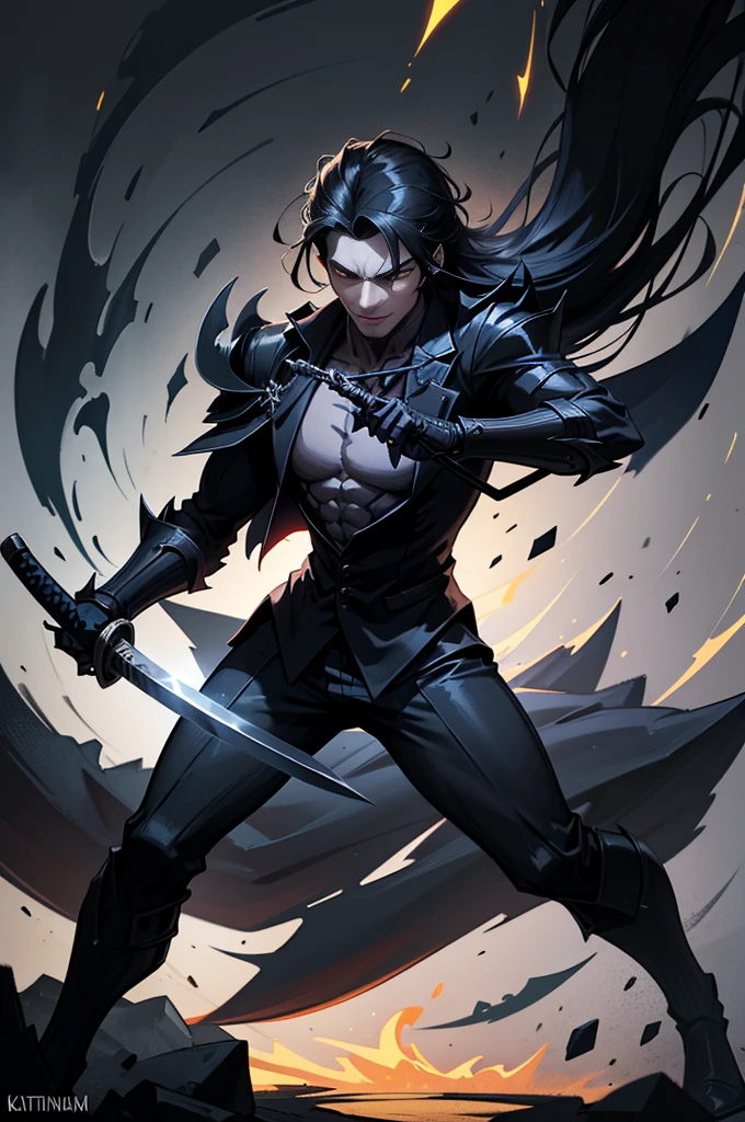 Crie uma imagem de um homem com cabelo preto comprido e espada katana, Vestindo um terno, Caçador de Demônios, com seu lobo espectral negro invocado, com sombras esvoaçantes e ossos visíveis sob sua pelagem escura. O lobo deve ter olhos brilhantes e emanar chamas de seu corpo