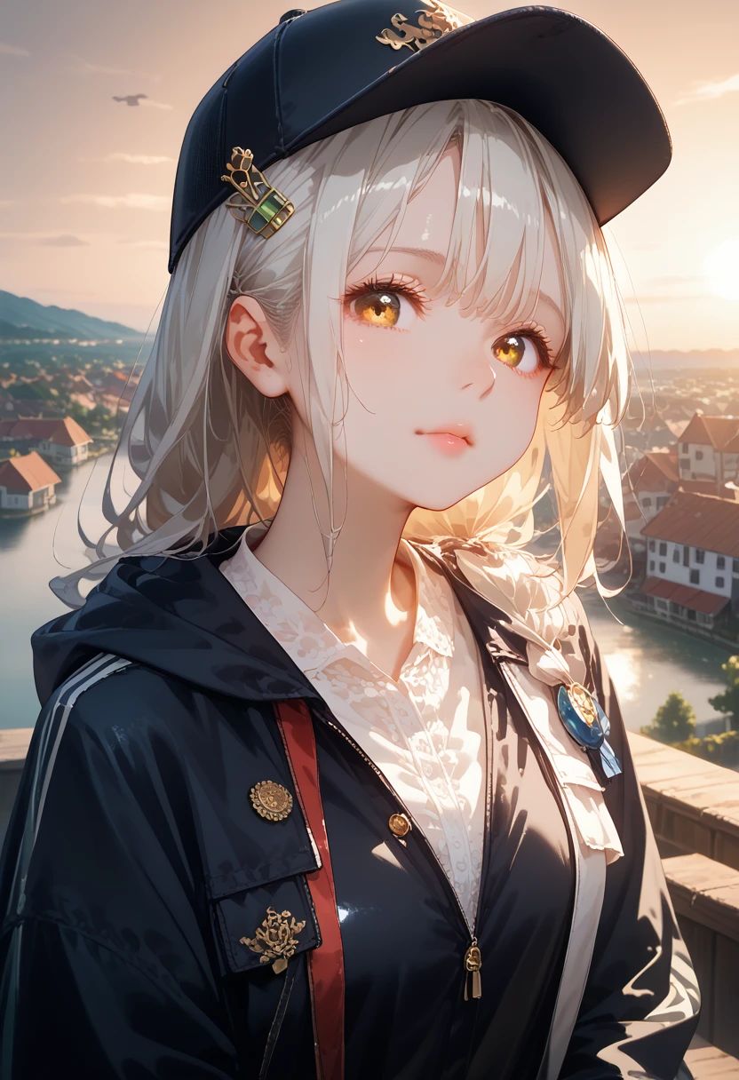 medium shot, medium shot, depth of field, bust, upper body, cinematic angle, masterpiece, Best quality, super detailed, computer graphics, 8k wallpaper, Beautiful face, tender eyes, countries, One, white long hair, yellow eyes, hairpin, White shirt, black jacket with a hood, black baseball cap, black stockings, black boots above the knee, sunset, medieval port, harbour, Detailed water surface, Reflection of the Sun, masterpiece, detailing, full height, detailing, Maximum Drawing