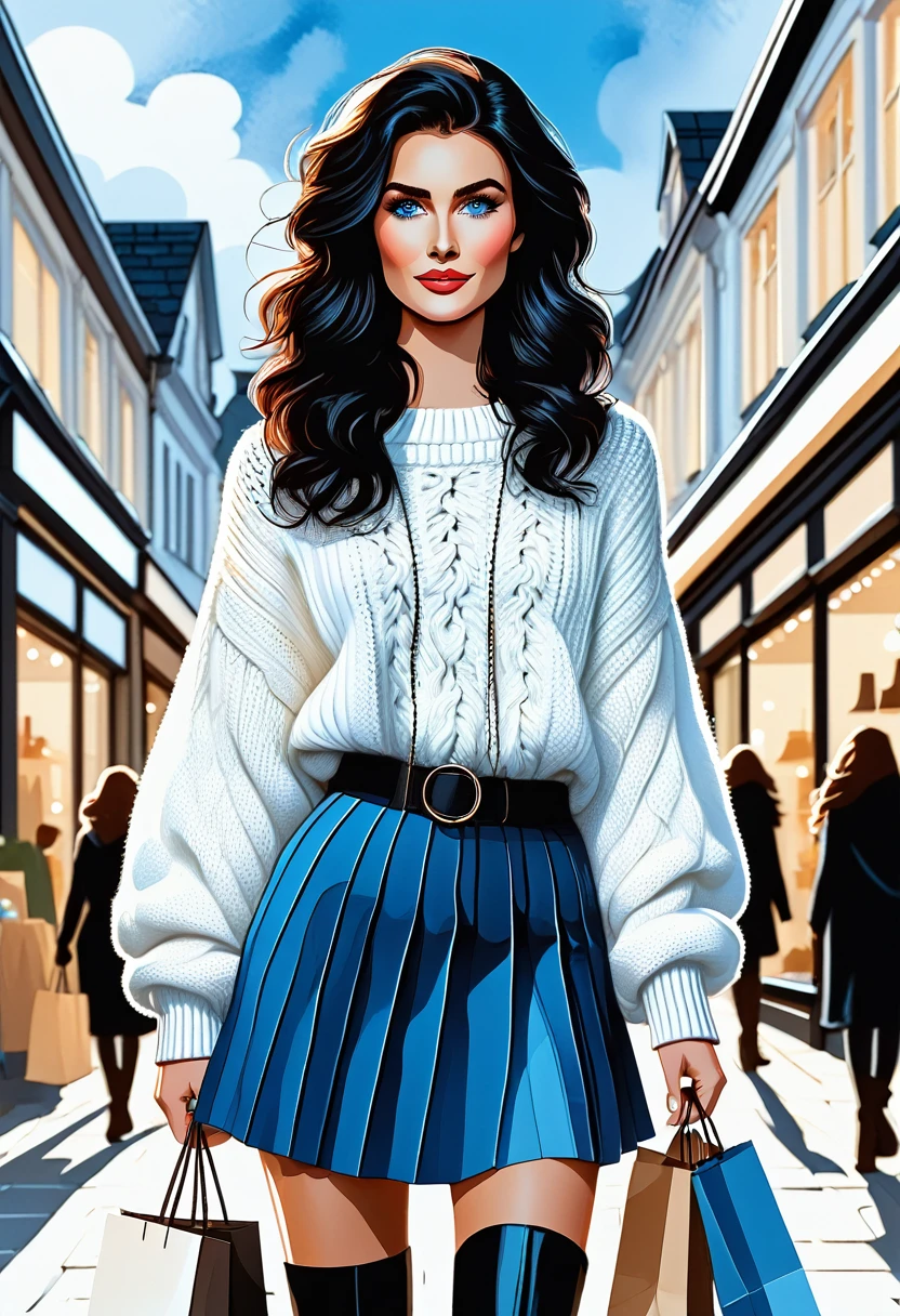 vector style, Masterpiece, best quality, solo representation of a woman with wavy black hair and blue eyes, looking directly at the viewer. She is wearing a white sweater paired with a black skirt and long black boots. The scene is depicted as a watercolor illustration in graphic designer style. She actively shops, surrounded by various stores and shopping bags, creating a lively and dynamic environment.