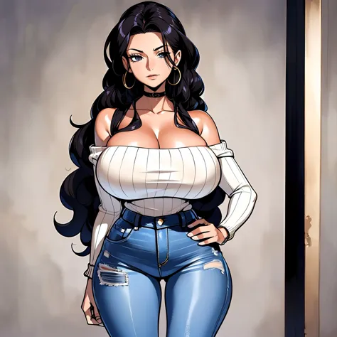 sexy woman, long curly black hair, off shoulder white sweater, jeans, busty. big hip. voluptuos. comic style. graphic novel styl...