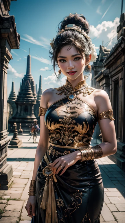 1female, a woman in the era of the Majapahit kingdom, is having a traditional Javanese wedding with gold and black ornaments, wearing a typical Javanese bun, with a charming and charming gaze, smiling, oriental female, with the Prambanan temple in the background, ancient Javanese era, cinematic photography, detailed, hyperrealism, great detail, 8k cinematic, high resolution, symmetrically, cinematic, color grading, photography, shot on 50mm lens, ultra-wide angle, depth of field, hyperdetailed, beautifully color-coded, insane detail, intricate detail, beautiful color grading, incredibly detailed and intricate, hyper maximal, elegant, hyperrealistic, super detailed, posing dynamic, photography, ultra-realistic, Full - HD, high detailed definition, Hyper detailed, 8k