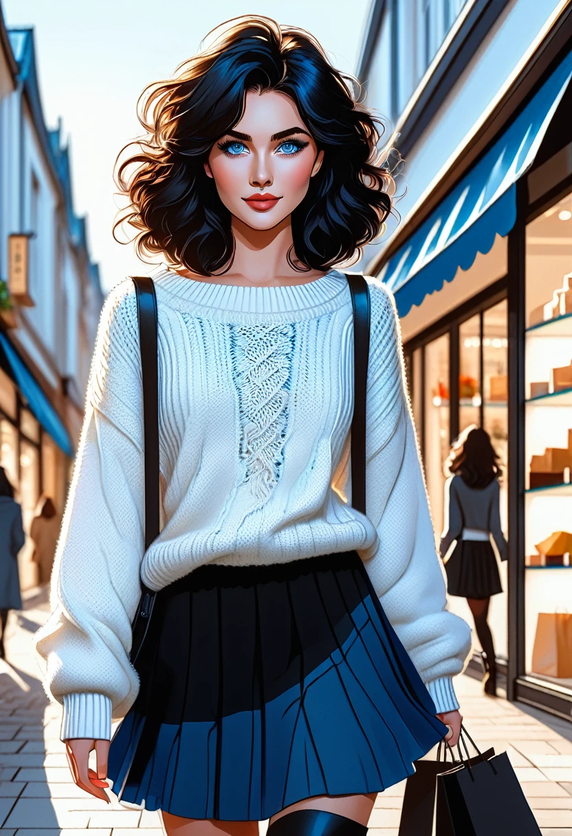 vector style, anime,Masterpiece, best quality, solo representation of a woman with wavy black hair and blue eyes, looking directly at the viewer. She is wearing a white sweater paired with a black skirt and long black boots. The scene is depicted as a watercolor illustration in graphic designer style. She actively shops, surrounded by various stores and shopping bags, creating a lively and dynamic environment.