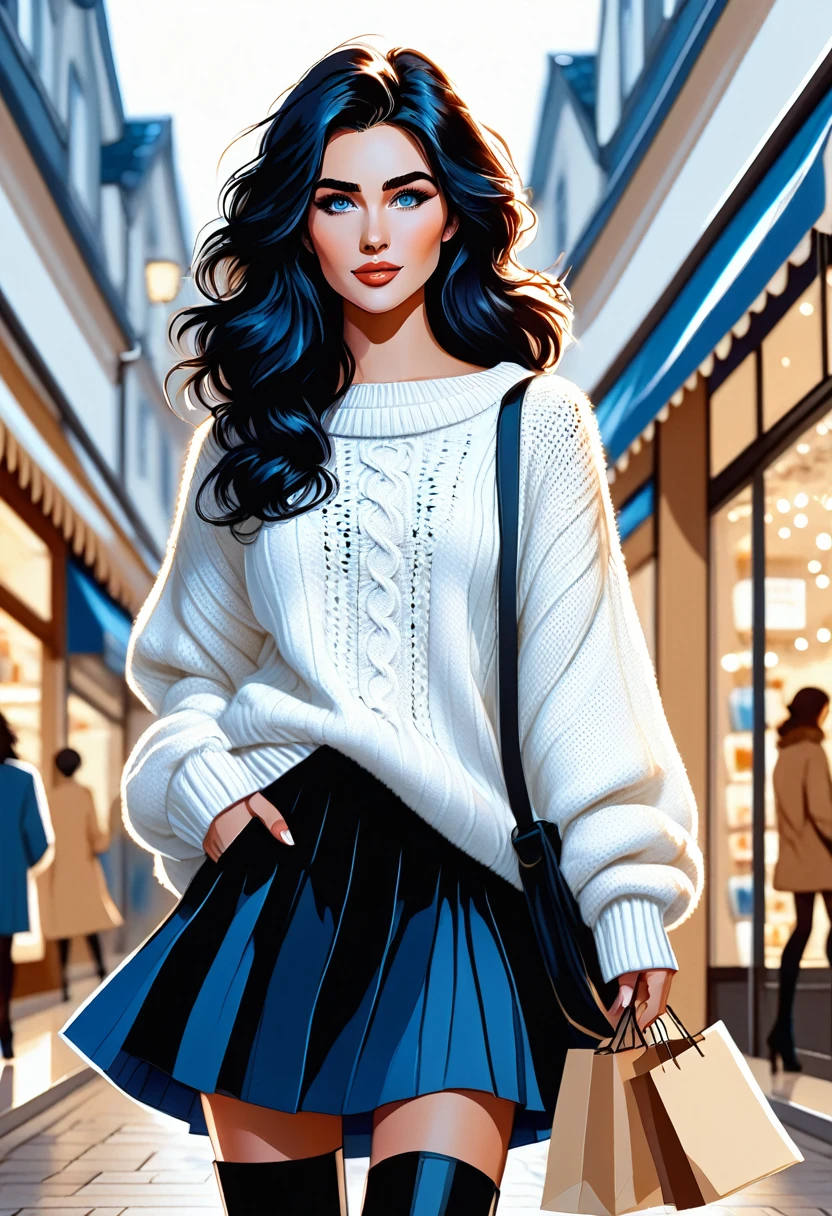 vector style, anime,Masterpiece, best quality, solo representation of a woman with wavy black hair and blue eyes, looking directly at the viewer. She is wearing a white sweater paired with a black skirt and long black boots. The scene is depicted as a watercolor illustration in graphic designer style. She actively shops, surrounded by various stores and shopping bags, creating a lively and dynamic environment.