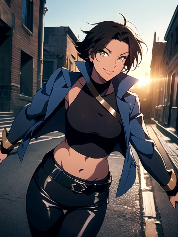 castlevania style, outdoors, Empty City at Night 1girl, solo, 26 years old, tomboy, Short Black Hair, (tan-bronze skin), yellow eyes, medium breasts, cleavage, (Midriff), (Wearing: opened blue jacket, Strapless black top, Belt, Black shiny leather pants), toned, hourglass figure, athletic, agile physique, snarky expression, looking at viewer, wide smile, (agile physique:1.1), upper body , ((masterpiece))
