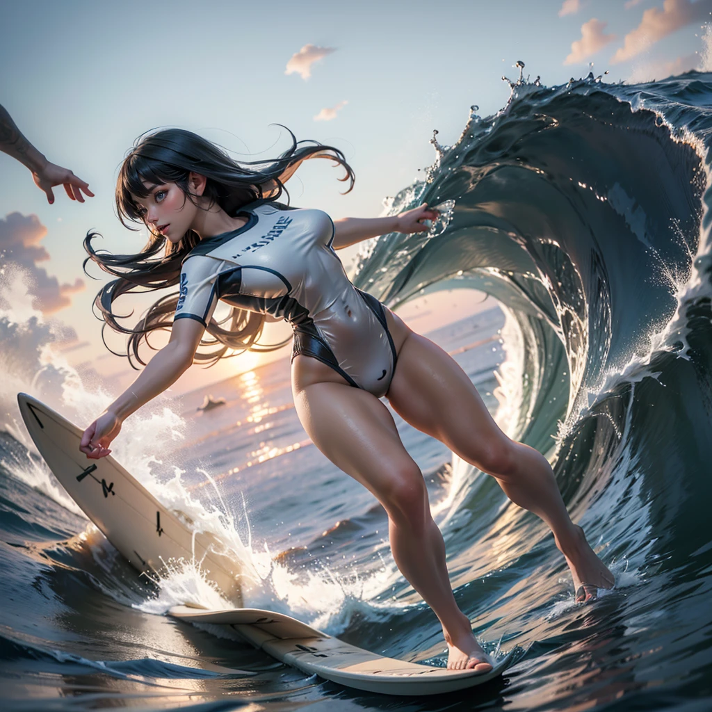 (Luminism:1.28), Side view、(TopQuality 8K Masterpiece:1.2) (ProfessionalPHOTO:1.37) Extremely Detailed (A girl standing on a surfboard riding a wave), (Colorful morning Glory Rays)、(Crouching and balancing on a Life Size surfboard:1.28), (There is Only one surfboard under her feet:1.32) Splashing water Particles Sparkling waves, Glowing Wet Hair、(Super hourglass body type)、Dynamic motion blur, Perfect Hand、(Surfing Photos:1.4) 