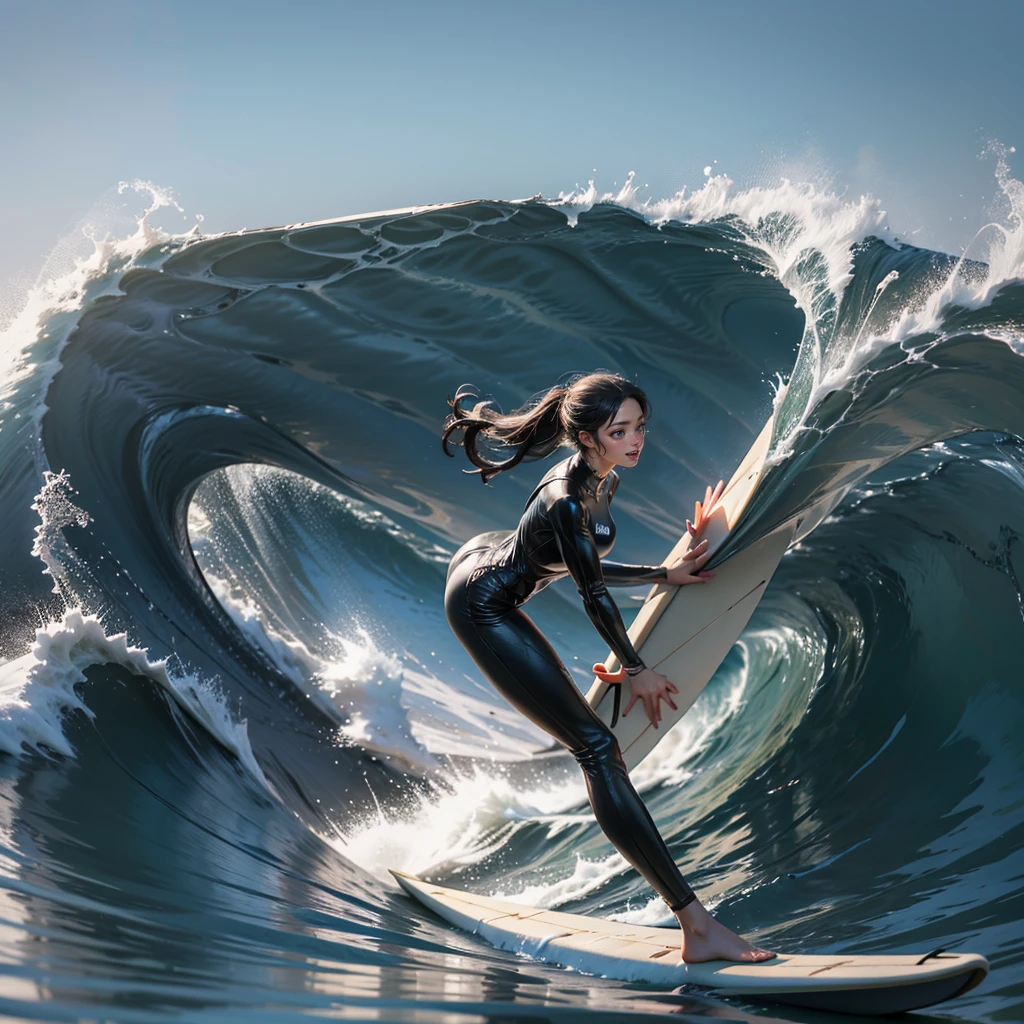 (Luminism:1.28), Side view、(TopQuality 8K Masterpiece:1.2) (ProfessionalPHOTO:1.37) Extremely Detailed (A girl standing on a surfboard riding a wave), (Colorful morning Glory Rays)、(Crouching and balancing on a Life Size surfboard:1.28), (There is Only one surfboard under her feet:1.32) Splashing water Particles Sparkling waves, Glowing Wet Hair、(Super hourglass body type)、Dynamic motion blur, Perfect Hand、(Surfing Photos:1.4) 