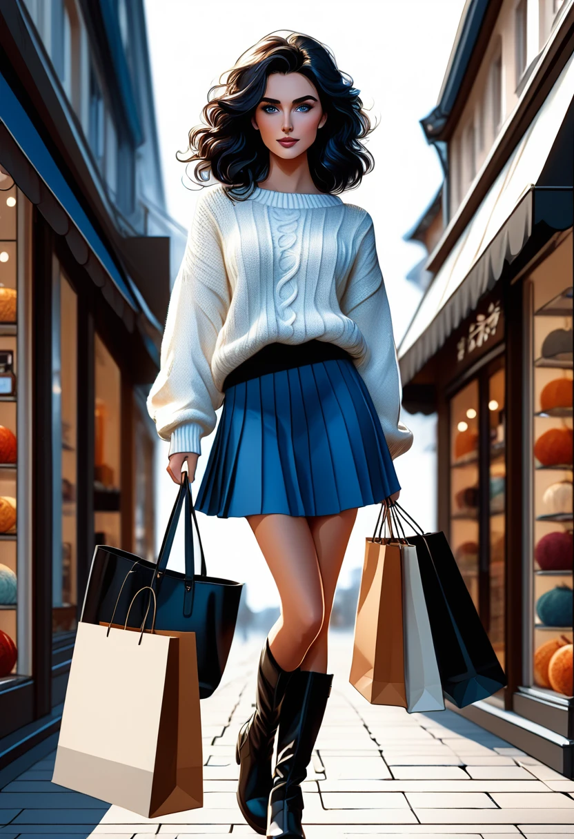 vector style, anime,Masterpiece, best quality, solo representation of a woman with wavy black hair and blue eyes, looking directly at the viewer. She is wearing a white sweater paired with a black skirt and long black boots. The scene is depicted as a watercolor illustration in graphic designer style. She actively shops, surrounded by various stores and shopping bags, creating a lively and dynamic environment.