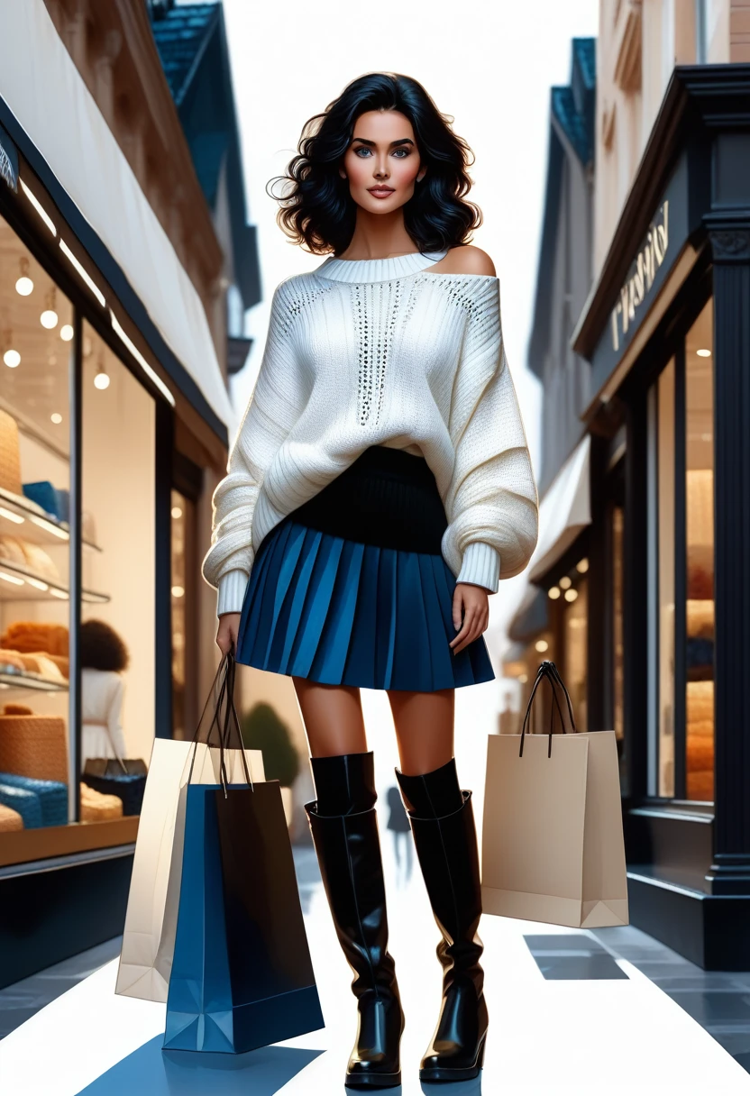 ,Masterpiece, best quality, solo representation of a woman with wavy black hair and blue eyes, looking directly at the viewer. She is wearing a white sweater paired with a black skirt and long black boots. The scene is depicted as a watercolor illustration in graphic designer style. She actively shops, surrounded by various stores and shopping bags, creating a lively and dynamic environment.