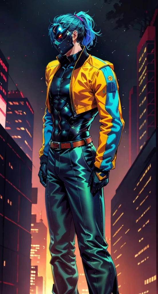 HomelanderComicACC, a man with black hair tied in a ponytail, stands tall and imposing, a futuristic sci-fi style blue short jacket, a dark bodysuit, matching trousers, a belt cinched at the waist, colorful grey gloves, he stands atop a futuristic high-rise, he surveys the city night view, this character embodies a finely crafted futuristic sci-fi, exquisite and mature manga art style, high definition, best quality, highres, ultra-detailed, ultra-fine painting, extremely delicate, professional, perfect body proportions, golden ratio, anatomically correct, symmetrical face, extremely detailed eyes and face, high quality eyes, creativity, RAW photo, UHD, 32k, Natural light, cinematic lighting, masterpiece-anatomy-perfect, masterpiece:1.5