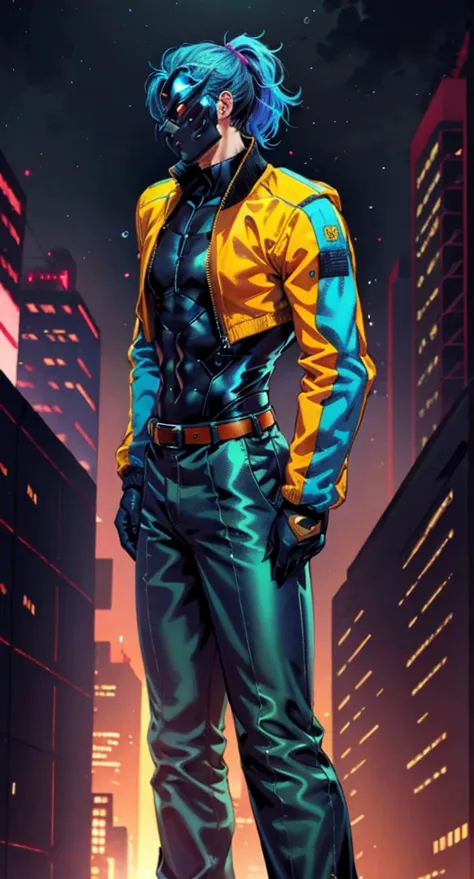 homelandercomicacc, a man with black hair tied in a ponytail, stands tall and imposing, a futuristic sci-fi style blue short jac...