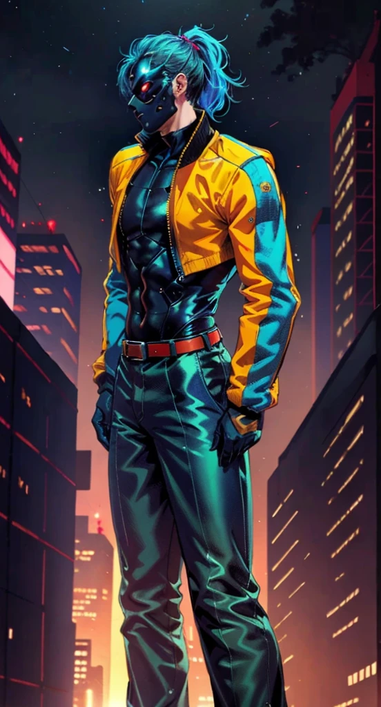 HomelanderComicACC, a man with black hair tied in a ponytail, stands tall and imposing, a futuristic sci-fi style blue short jacket, a dark bodysuit, matching trousers, a belt cinched at the waist, colorful grey gloves, he stands atop a futuristic high-rise, he surveys the city night view, this character embodies a finely crafted futuristic sci-fi, exquisite and mature manga art style, high definition, best quality, highres, ultra-detailed, ultra-fine painting, extremely delicate, professional, perfect body proportions, golden ratio, anatomically correct, symmetrical face, extremely detailed eyes and face, high quality eyes, creativity, RAW photo, UHD, 32k, Natural light, cinematic lighting, masterpiece-anatomy-perfect, masterpiece:1.5