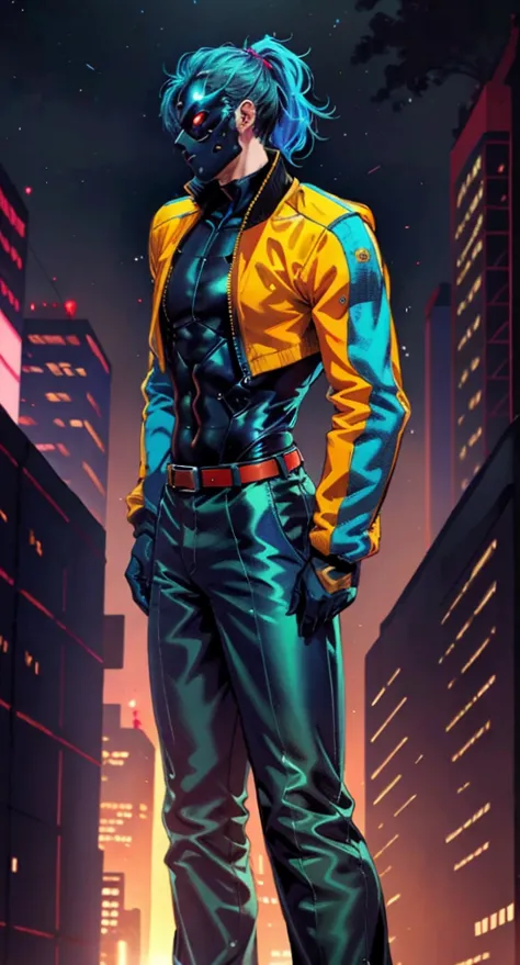 homelandercomicacc, a man with black hair tied in a ponytail, stands tall and imposing, a futuristic sci-fi style blue short jac...