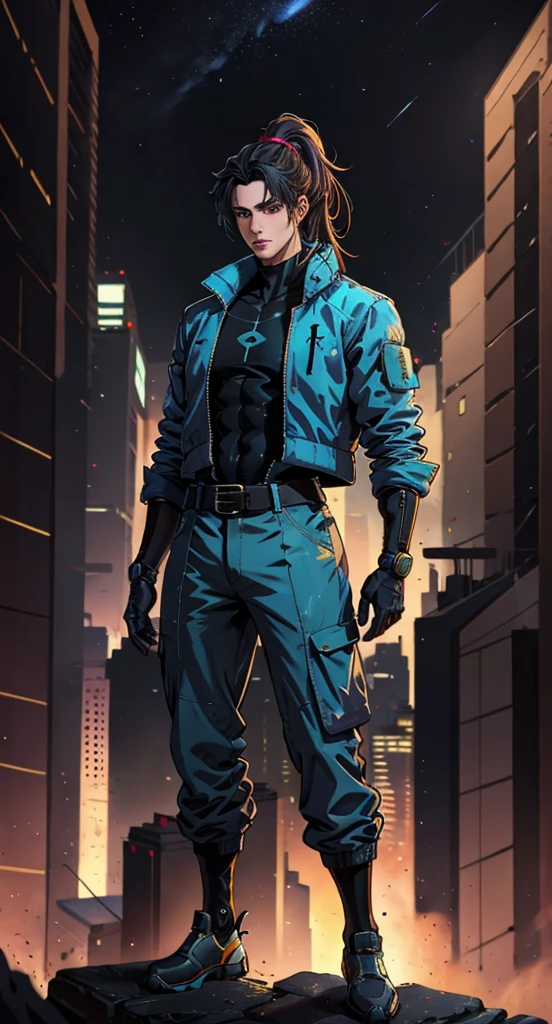 HomelanderComicACC, a man with black hair tied in a ponytail, stands tall and imposing, a futuristic sci-fi style blue short jacket, a dark bodysuit, matching trousers, a belt cinched at the waist, colorful grey gloves, he stands atop a futuristic high-rise, he surveys the city night view, this character embodies a finely crafted futuristic sci-fi, exquisite and mature manga art style, high definition, best quality, highres, ultra-detailed, ultra-fine painting, extremely delicate, professional, perfect body proportions, golden ratio, anatomically correct, symmetrical face, extremely detailed eyes and face, high quality eyes, creativity, RAW photo, UHD, 32k, Natural light, cinematic lighting, masterpiece-anatomy-perfect, masterpiece:1.5