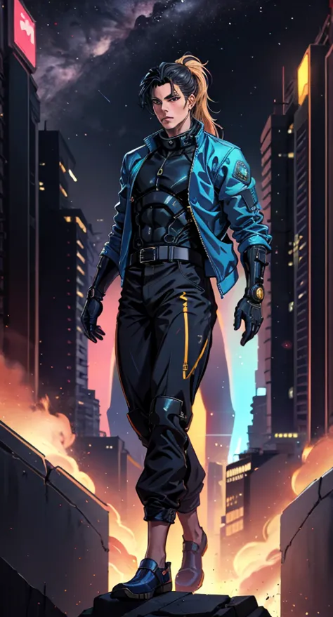 homelandercomicacc, a man with black hair tied in a ponytail, stands tall and imposing, a futuristic sci-fi style blue short jac...