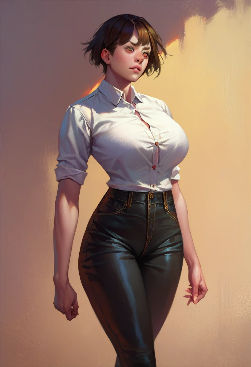 A woman, large breasts, detailed pussy, breasts exposed, extremely detailed face, detailed skin, highly detailed, 8k, hyper detailed, masterpiece, short hair, white shirt, black pants