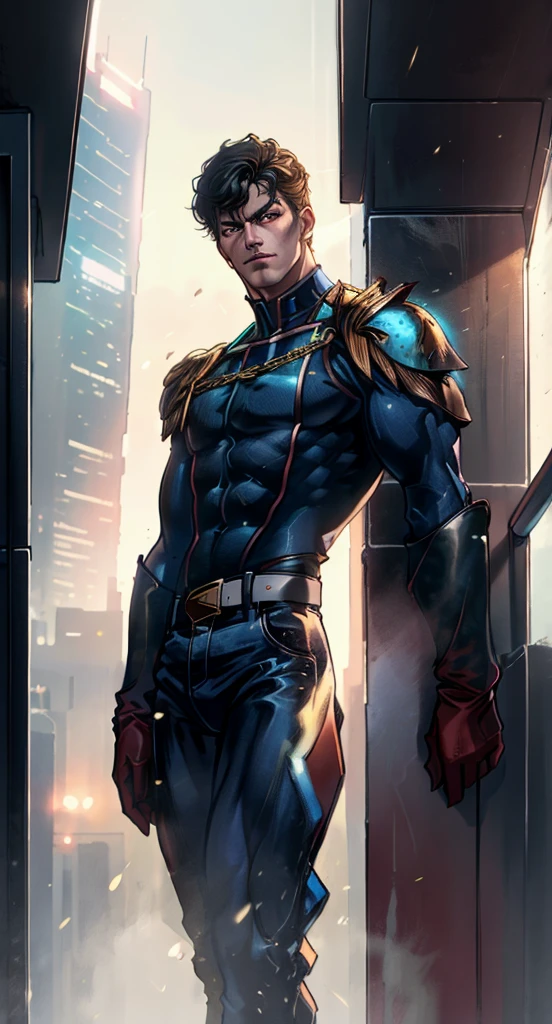 HomelanderComicACC, a man with black hair, stands tall and imposing, a futuristic sci-fi style blue short jacket, a dark bodysuit, matching trousers, a belt cinched at the waist, colorful grey gloves, he stands atop a futuristic high-rise, he surveys the city night view, this character embodies a finely crafted futuristic sci-fi, exquisite and mature manga art style, high definition, best quality, highres, ultra-detailed, ultra-fine painting, extremely delicate, professional, perfect body proportions, golden ratio, anatomically correct, symmetrical face, extremely detailed eyes and face, high quality eyes, creativity, RAW photo, UHD, 32k, Natural light, cinematic lighting, masterpiece-anatomy-perfect, masterpiece:1.5