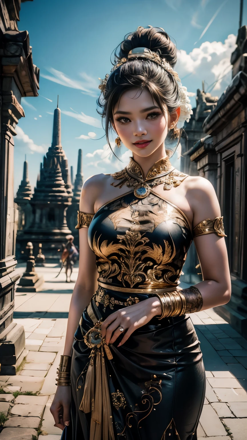 1female, a woman in the era of the Majapahit kingdom, is having a traditional Javanese wedding with gold and black ornaments, wearing a typical Javanese bun, with a charming and charming gaze, smiling, oriental female, with the Prambanan temple in the background, ancient Javanese era, cinematic photography, detailed, hyperrealism, great detail, 8k cinematic, high resolution, symmetrically, cinematic, color grading, photography, shot on 50mm lens, ultra-wide angle, depth of field, hyperdetailed, beautifully color-coded, insane detail, intricate detail, beautiful color grading, incredibly detailed and intricate, hyper maximal, elegant, hyperrealistic, super detailed, posing dynamic, photography, ultra-realistic, Full - HD, high detailed definition, Hyper detailed, 8k