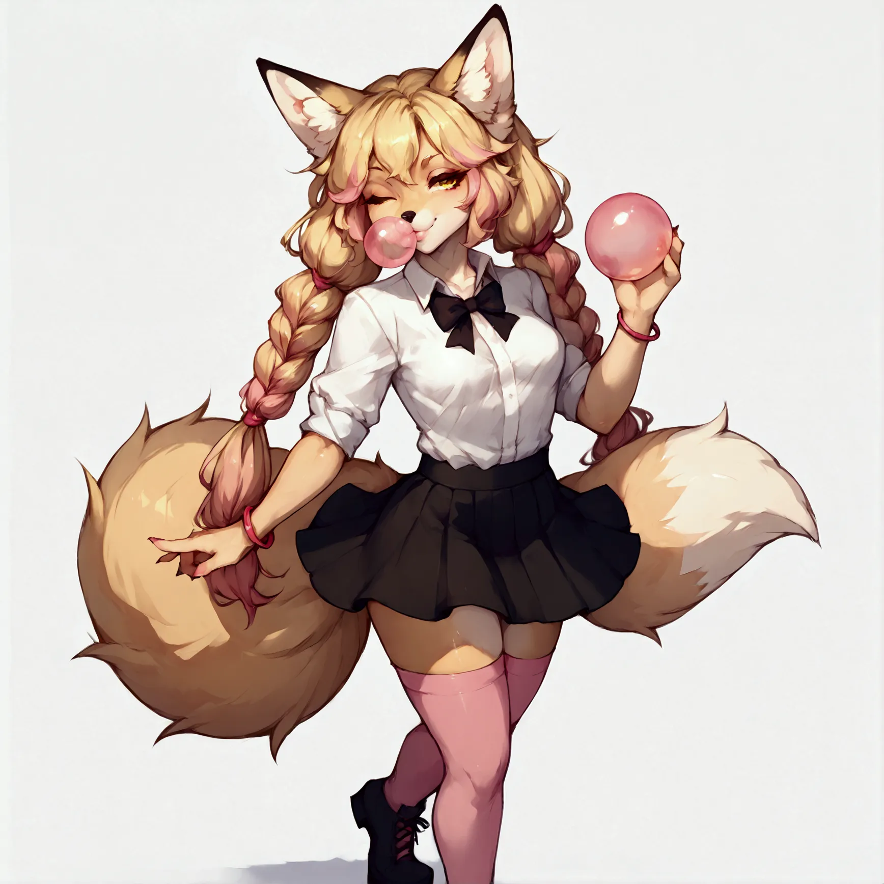 solo, score_9,score_8_up,score_7_up, kimiko, anthro, anthro furry blonde fox girl, blonde fur, long blonde hair, hair in pigtail...