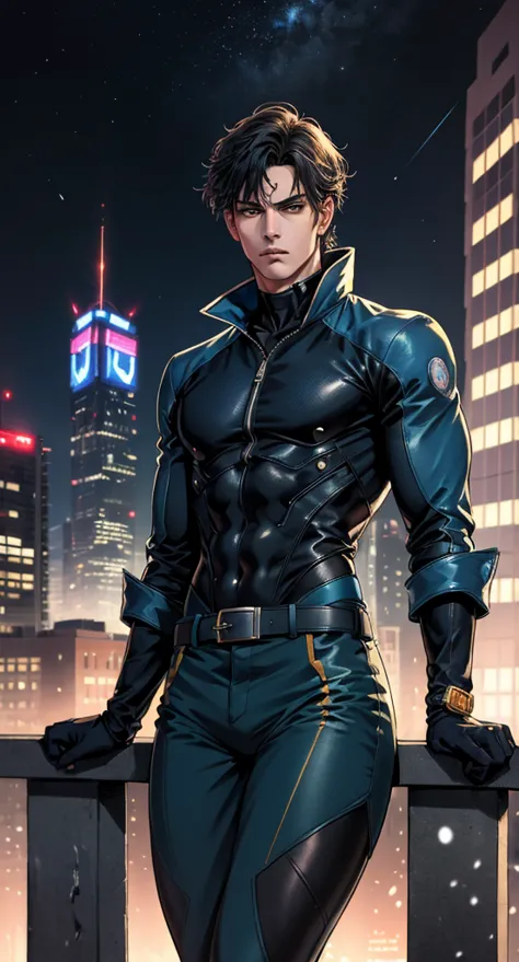 homelandercomicacc, a man with black hair, stands tall and imposing, a futuristic sci-fi style blue winter jacket, a dark blue b...