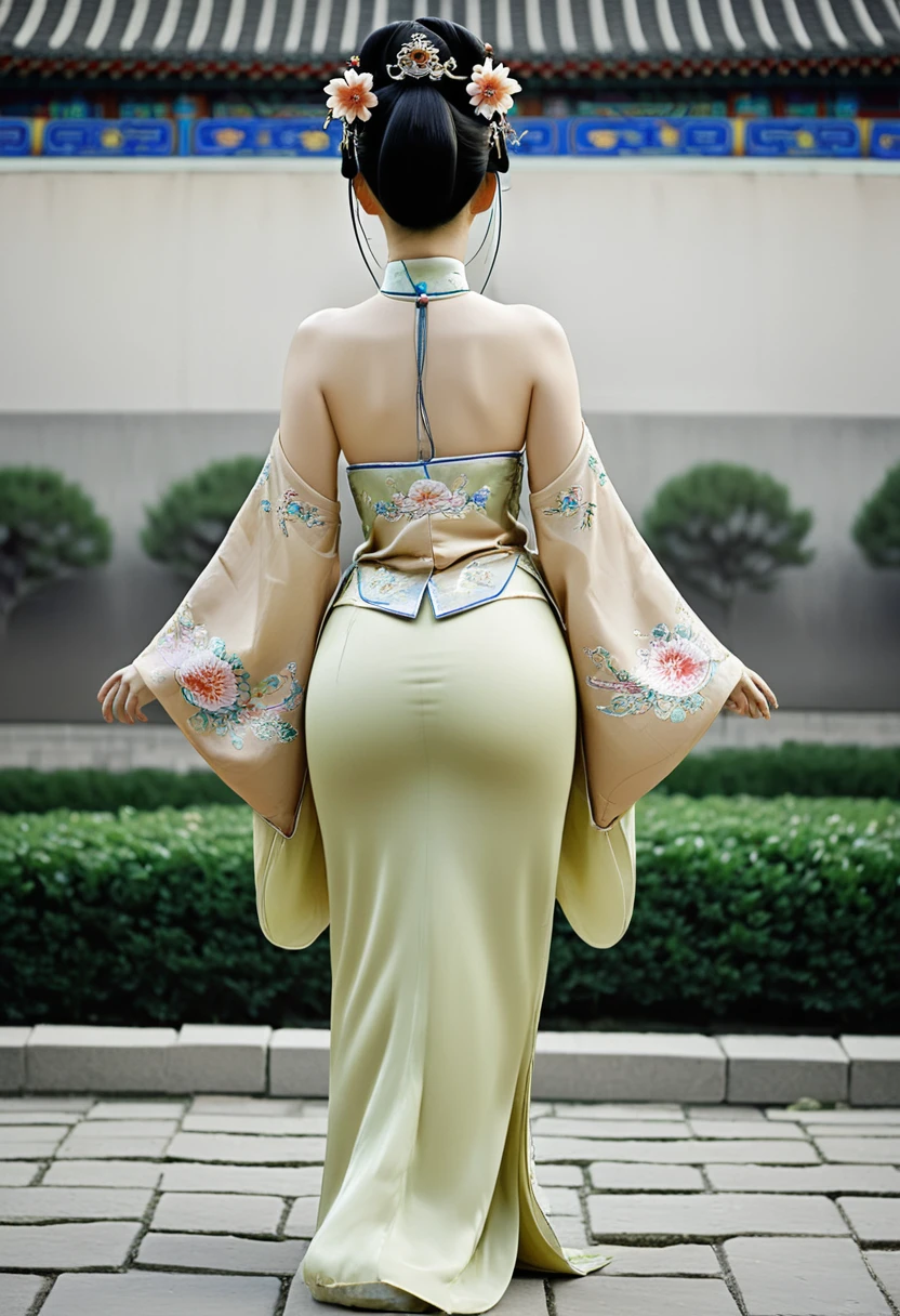 
The image of a Qing Dynasty Empress with her bare buttocks visible. The background is the stone paving outside a Chinese palace during the Qing Dynasty. Only her large buttocks are sticking out. She is either wearing underwear or not. Her protruding buttocks are floating up in the air.　　　　　　　　　　　　　　　　　　　　　　　　　　　　　　
Her hair is decorated with a large flower ornament and a large crown.　
The back of the hair is tied up and up.　Erotic Woman