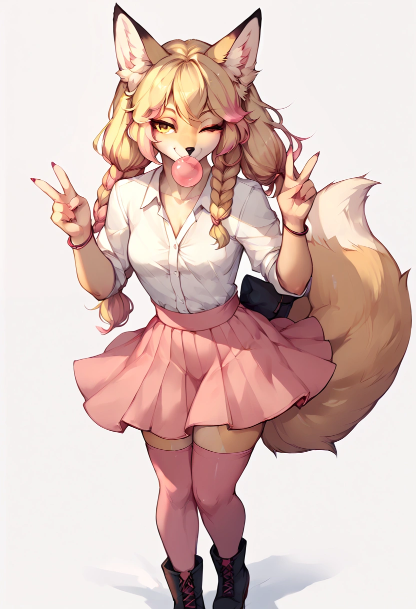 Solo, score_9,score_8_up,score_7_up, Kimiko, Anthro, Anthro furry blonde fox girl, blonde fur, long blonde hair, hair in pigtails, pink highlights in hair, yellow eyes, winking, one eye closed, smiling, fox ears and tail, she is wearing white preppy blouse, black skirt, black pump boots, pink thigh high socks, pink bracelets, blowing a bubble with bubblegum, bubblegum bubble in mouth, playful sexy pose, standing, hands to her side, simple white background, holding up a peace sign 