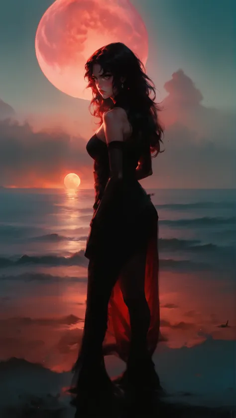 fire simple blood moon black red, salty ocean waters, woman standing on the edge of horizon looking at the viewer and the view, ...