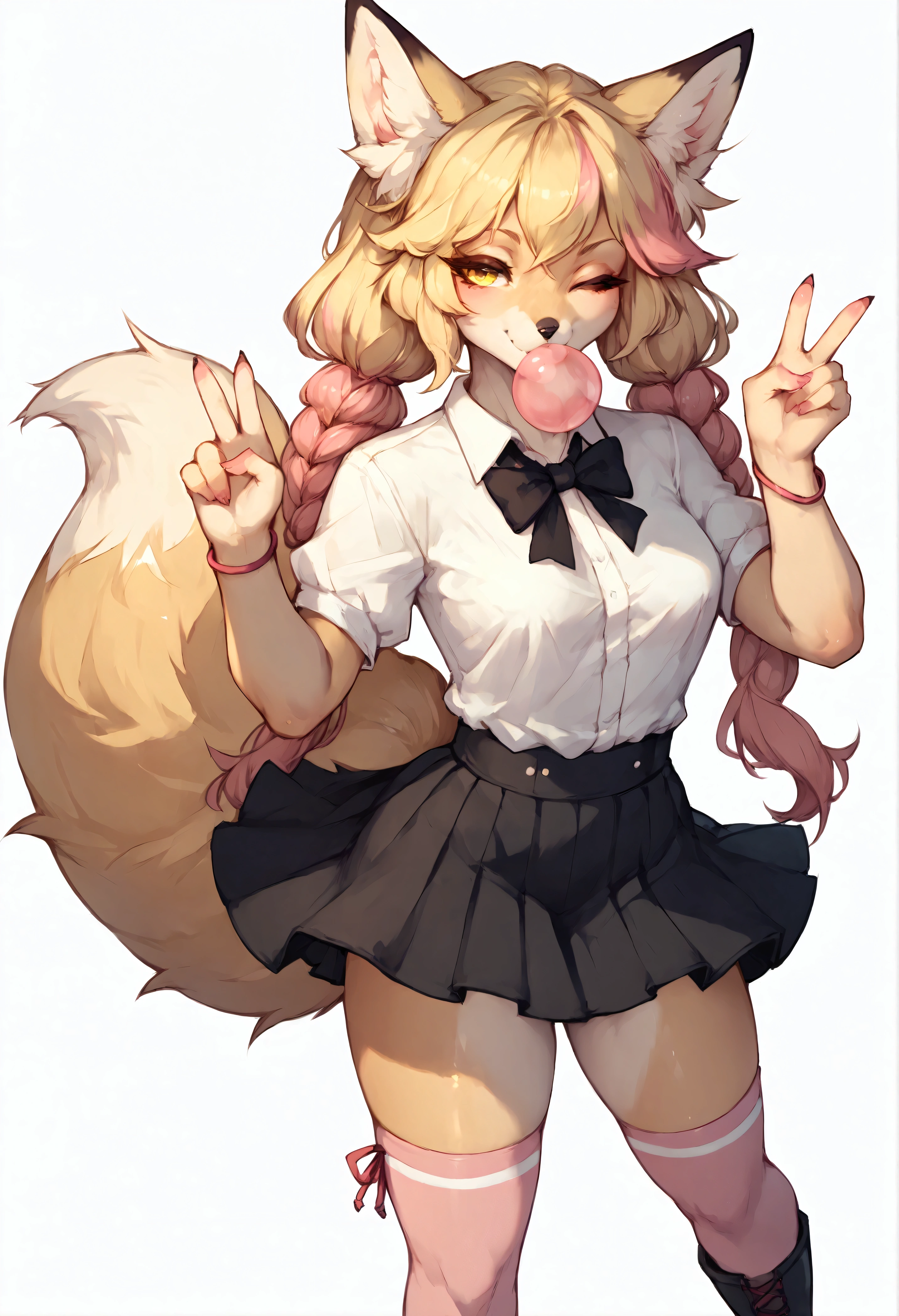 Solo, score_9,score_8_up,score_7_up, Kimiko, Anthro, Anthro furry blonde fox girl, blonde fur, long blonde hair, hair in pigtails, pink highlights in hair, yellow eyes, winking, one eye closed, smiling, fox ears and tail, she is wearing white preppy blouse, black skirt, black pump boots, pink thigh high socks, pink bracelets, blowing a bubble with bubblegum, bubblegum bubble in mouth, playful sexy pose, standing, hands to her side, simple white background, holding up a peace sign 