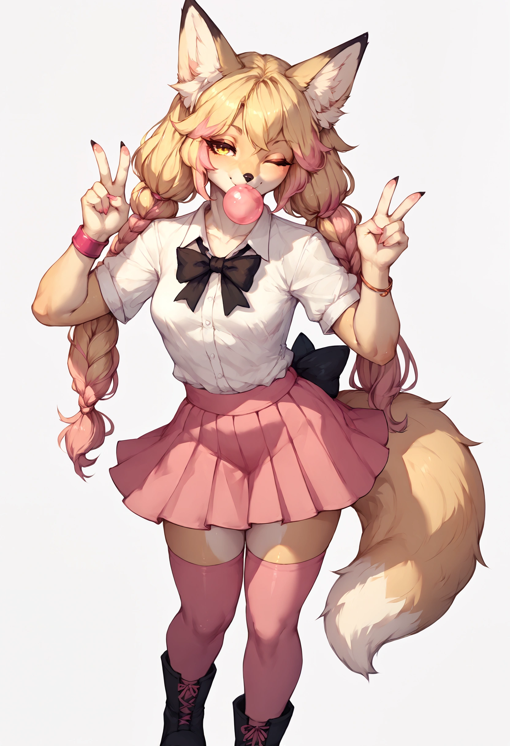 Solo, score_9,score_8_up,score_7_up, Kimiko, Anthro, Anthro furry blonde fox girl, blonde fur, long blonde hair, hair in pigtails, pink highlights in hair, yellow eyes, winking, one eye closed, smiling, fox ears and tail, she is wearing white preppy blouse, black skirt, black pump boots, pink thigh high socks, pink bracelets, blowing a bubble with bubblegum, bubblegum bubble in mouth, playful sexy pose, standing, hands to her side, simple white background, holding up a peace sign 