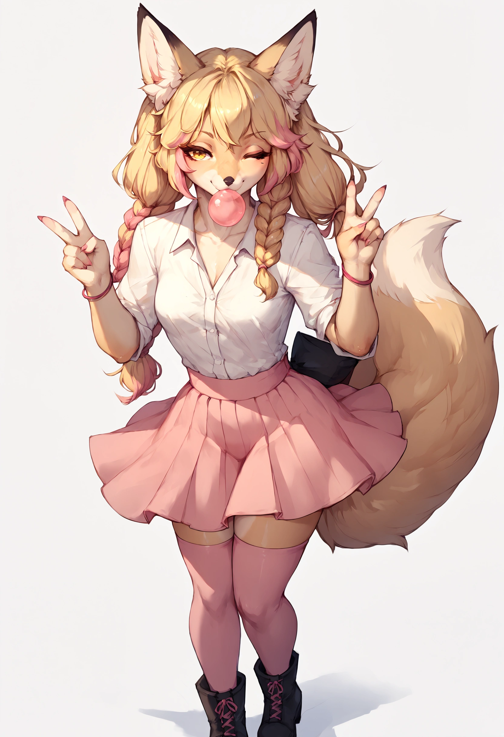 Solo, score_9,score_8_up,score_7_up, Kimiko, Anthro, Anthro furry blonde fox girl, blonde fur, long blonde hair, hair in pigtails, pink highlights in hair, yellow eyes, winking, one eye closed, smiling, fox ears and tail, she is wearing white preppy blouse, black skirt, black pump boots, pink thigh high socks, pink bracelets, blowing a bubble with bubblegum, bubblegum bubble in mouth, playful sexy pose, standing, hands to her side, simple white background, holding up a peace sign 