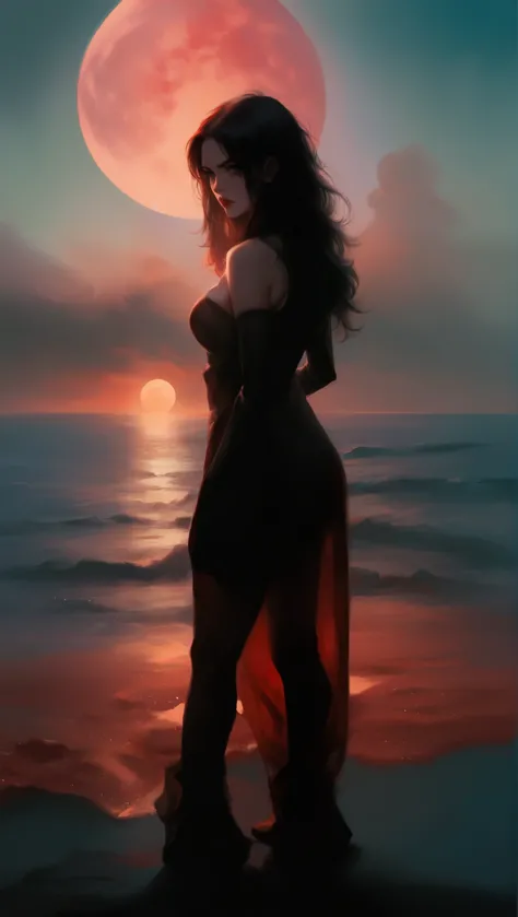 fire simple blood moon black red, salty ocean waters, woman standing on the edge of horizon looking at the viewer and the view, ...