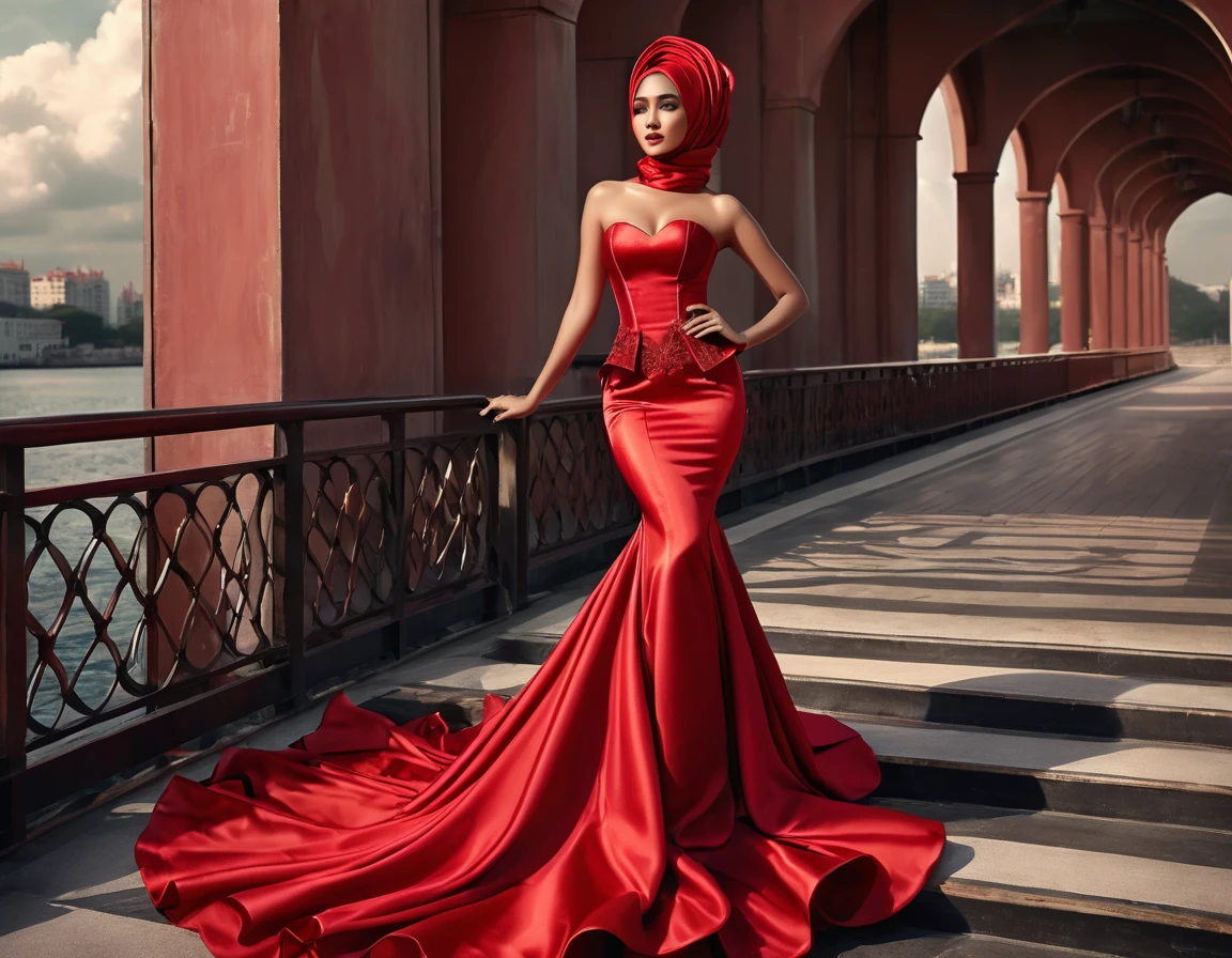 Extra-long red mermaid gown ensnared, woman struggling, satin fabric tension, corseted waist highlighted, modern hijab, dual train cascades reaching 4 meters, high heels barely touching, strain visible as gown orchestrates a struggle for freedom, ultra realistic, dramatic lighting, digital painting, volumetric textures.