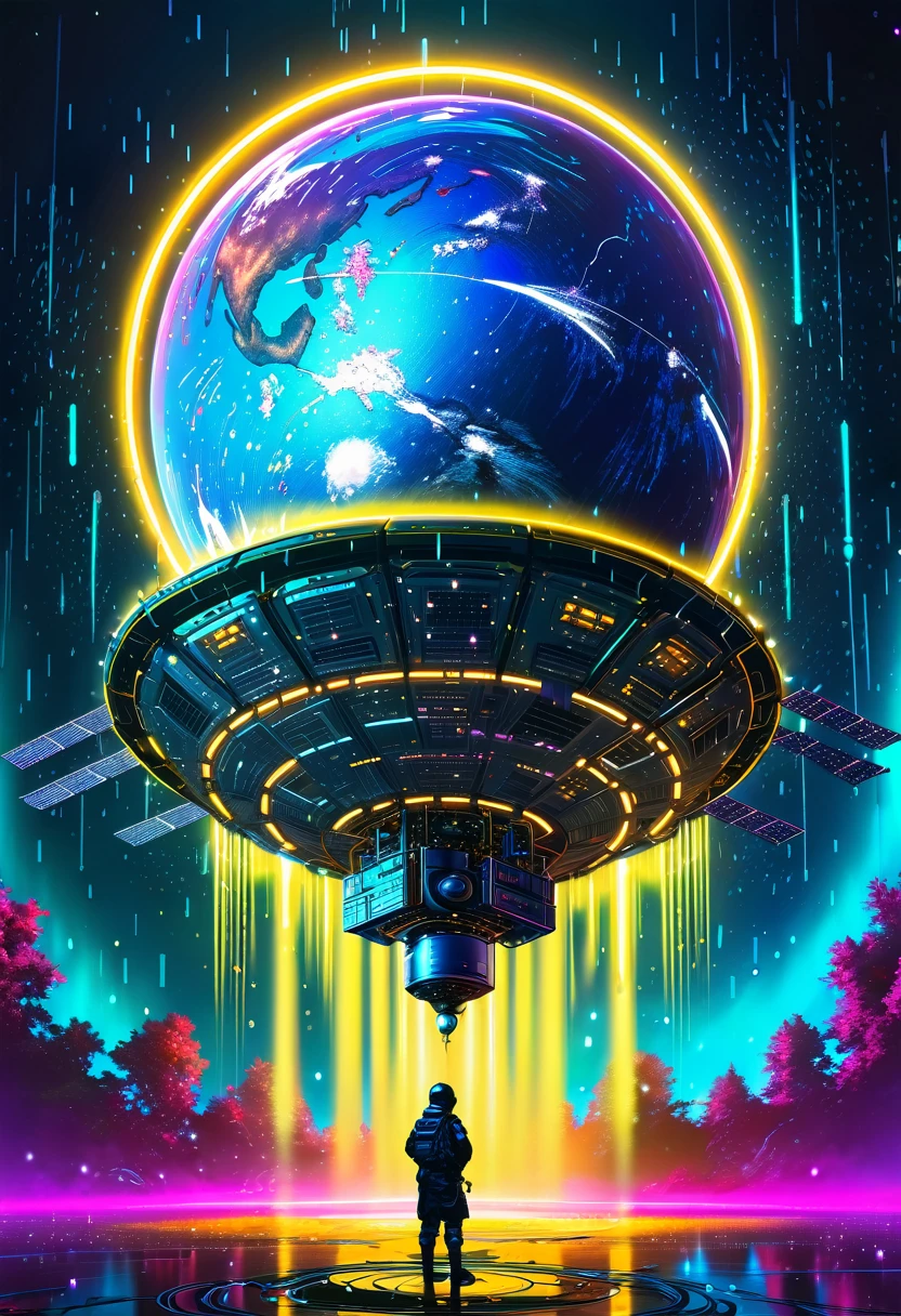 a high-quality digital painting of a (Satellite) surrounded by an aura of mystery, depicting it as the (lord) with intricate details on its surface, inspired by (Suzuki) design elements, capturing the essence of (money rain) falling around it, cyberpunk style, glowing neon lights, futuristic technology, dramatic lighting, concept art, vibrant colors, 4k