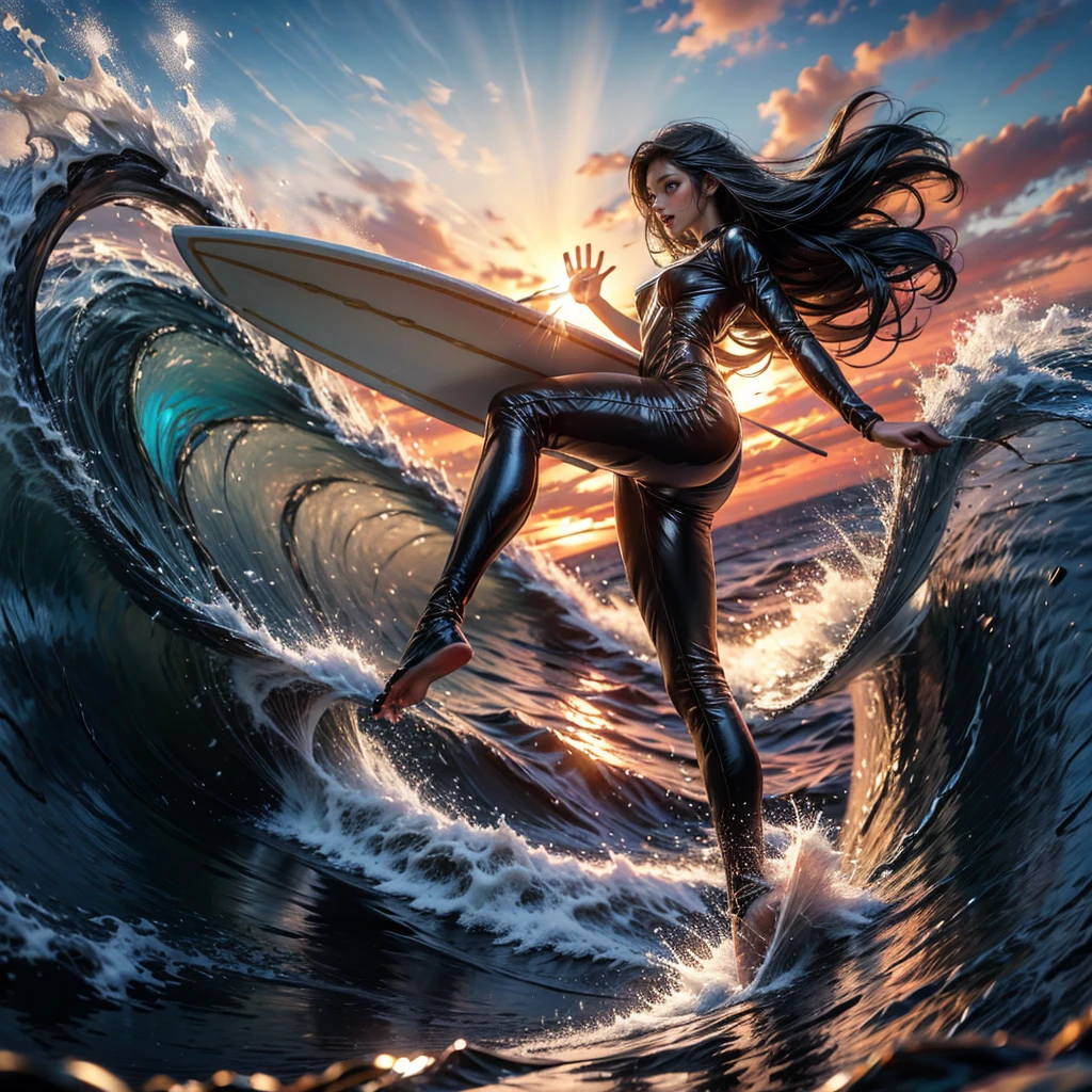 (Luminism:1.28), Side view, TopQuality 8K Masterpiece (ProfessionalPHOTO:1.37) Extremely Detailed (A girl Balancing on a Life Size surfboard), Colorful morning Glory Rays, (There is Only one surfboard under her feet:1.32) Sparkling Waves Splashing water Particles, Glowing Wet Hair, hourglass body type, Dynamic motion blur, Perfect Hand, (Surfing Photos:1.4) 