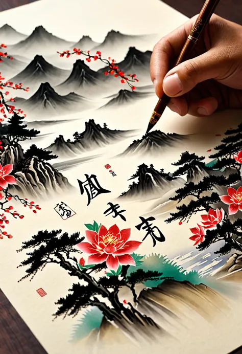 shodô, muni d'un pinceau et d'encre de chine, le calligraphe trace un idéogramme japonais sur du papier parchemin, art ancestral...