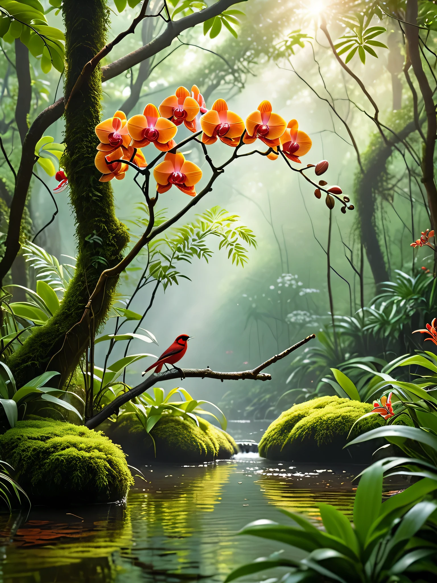 (best quality,4k,8k,highres,masterpiece:1.2),ultra-detailed,(realistic,photorealistic,photo-realistic:1.37),serene landscape,picturesque "A tranquil forest scene bathed in soft, natural light. The setting features lush green foliage with hints of morning mist. A small, vibrant red bird perches delicately on a twisted tree branch, surrounded by blooming orange-red orchids. The atmosphere is serene, with dappled sunlight filtering through the dense canopy, creating a peaceful and enchanting forest ambiance."