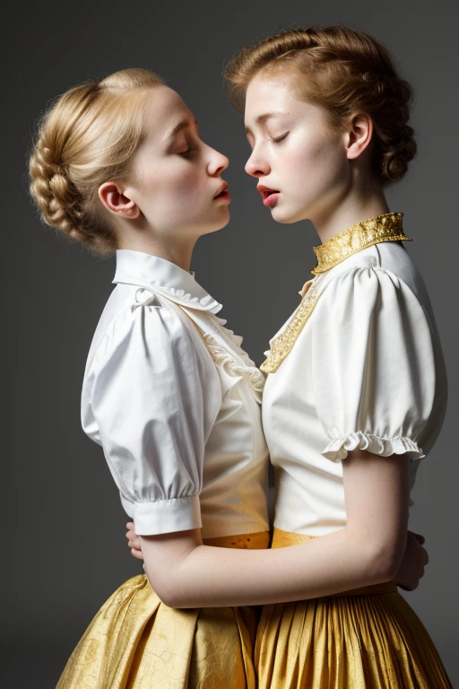 2girls from side, 18 years old, Europeans hugs, embrace, blond boy's haircut, massive puffy breast, open wide mouth, closed eyes, simple victorian blouse, grey and gold theme, white ruffle and detail collar lace, thin waist, intricate details, porcelain skin, beautiful eyes, detailed lips, high quality, realistic, photorealistic, 8k, masterpiece, ultra-detailed, physically-based rendering, vivid colors, studio lighting, sharp focus , a prominent (wide hips:1.3)