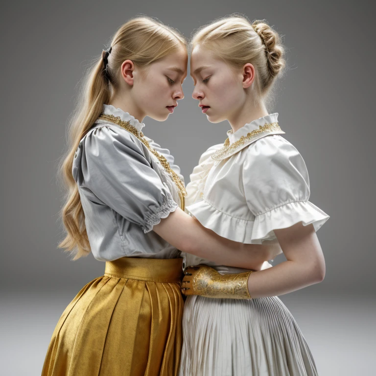 2girls from side, 18 years old, Europeans hugs, embrace, blond boy's haircut, massive puffy breast, open wide mouth, closed eyes, simple victorian blouse, grey and gold theme, white ruffle and detail collar lace, thin waist, intricate details, porcelain skin, beautiful eyes, detailed lips, high quality, realistic, photorealistic, 8k, masterpiece, ultra-detailed, physically-based rendering, vivid colors, studio lighting, sharp focus , a prominent (wide hips:1.3)