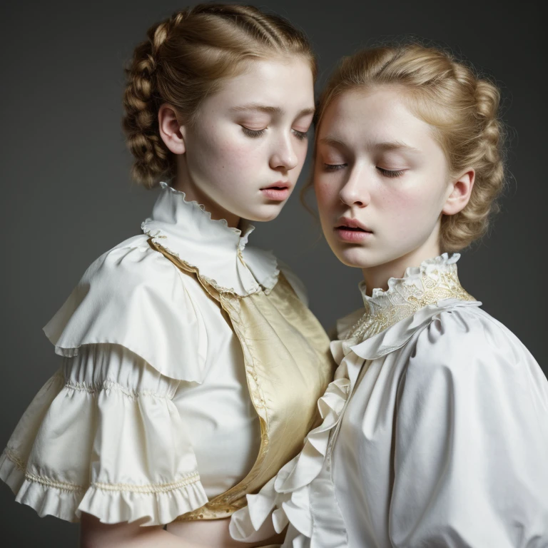 2girls from side, 18 years old, Europeans hugs, embrace, blond boy's haircut, massive puffy breast, open wide mouth, closed eyes, simple victorian blouse, grey and gold theme, white ruffle and detail collar lace, thin waist, intricate details, porcelain skin, beautiful eyes, detailed lips, high quality, realistic, photorealistic, 8k, masterpiece, ultra-detailed, physically-based rendering, vivid colors, studio lighting, sharp focus , a prominent (wide hips:1.3)