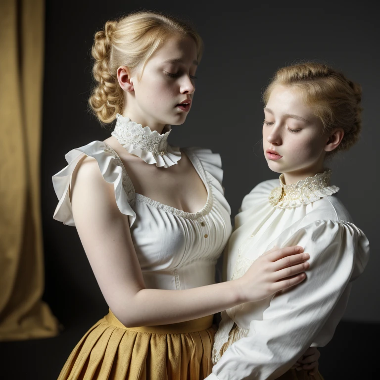 2girls from side, 18 years old, Europeans hugs, embrace, blond boy's haircut, massive puffy breast, open wide mouth, closed eyes, simple victorian blouse, grey and gold theme, white ruffle and detail collar lace, thin waist, intricate details, porcelain skin, beautiful eyes, detailed lips, high quality, realistic, photorealistic, 8k, masterpiece, ultra-detailed, physically-based rendering, vivid colors, studio lighting, sharp focus , a prominent (wide hips:1.3)