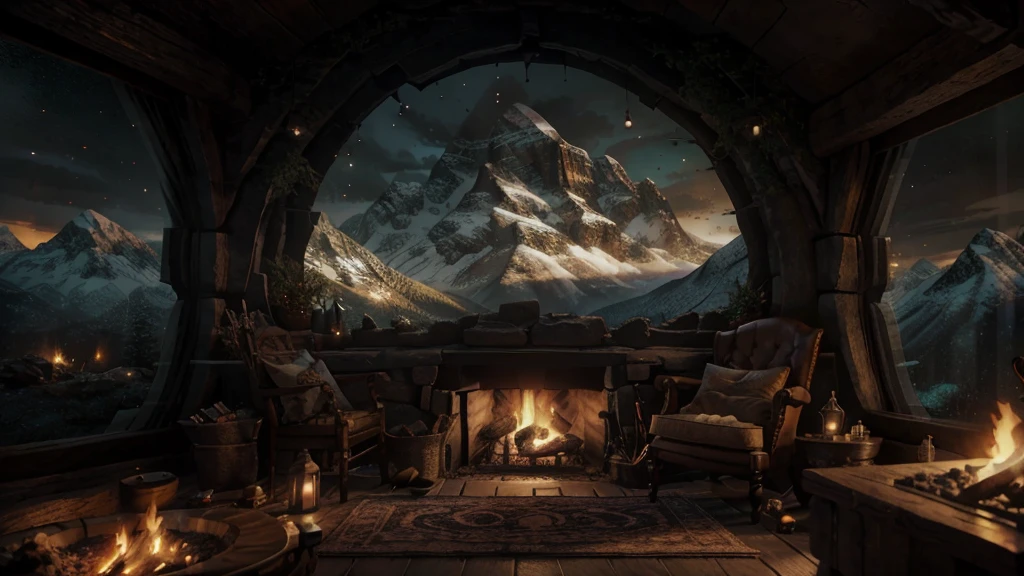 a view of a fireplace with a mountain view through it, magical environment, cosy enchanted scene, fantasy setting, beautiful fantasy cave scene, atmospheric fantasy setting, interior of a hobbit hole, fantasy scenic, detailed scenery, cozy place, in his hobbit home, fantasy scene, impressive fantasy landscape, cozy environment, fantasy matte painting，cute, detailed scenic view, magical landscape