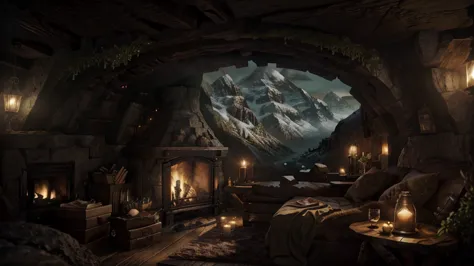 a view of a fireplace with a mountain view through it, magical environment, cosy enchanted scene, fantasy setting, beautiful fan...