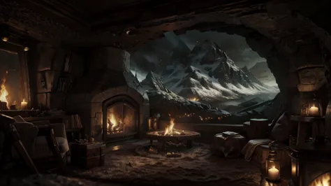 a view of a fireplace with a mountain view through it, magical environment, cosy enchanted scene, fantasy setting, beautiful fan...