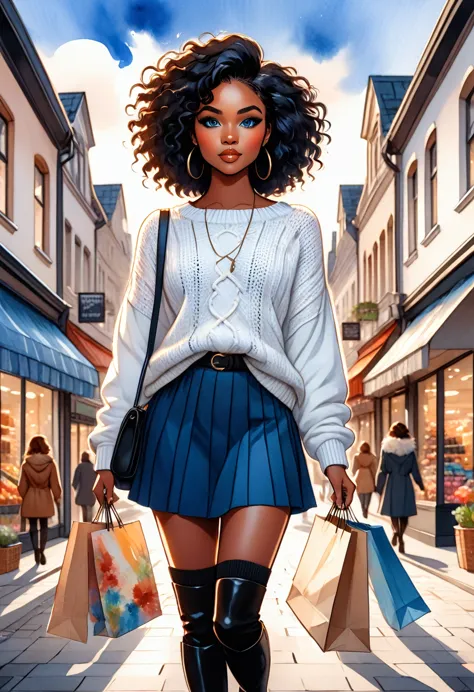 kawaii style, masterpiece, best quality, solo representation of a black woman with wavy black hair and blue eyes, looking straig...