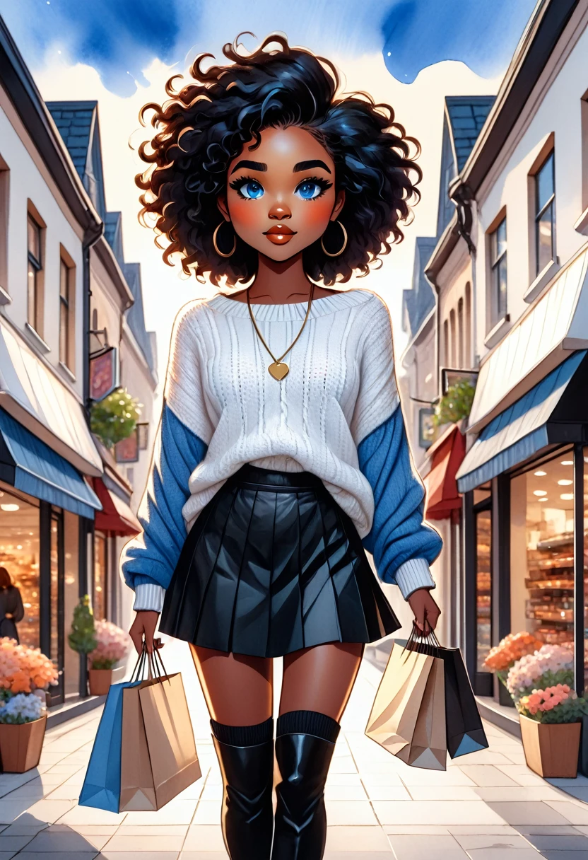 kawaii style, masterpiece, best quality, solo representation of a black woman with wavy black hair and blue eyes, looking straight at the viewer. She is wearing a white sweater paired with a black skirt and long black boots. The scene is depicted as a cartoon-style watercolor illustration. She is actively shopping, surrounded by various stores and shopping bags, creating a lively and dynamic environment.