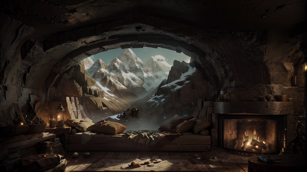 a view of a fireplace with a mountain view through it, magical environment, cosy enchanted scene, fantasy setting, beautiful fantasy cave scene, atmospheric fantasy setting, interior of a hobbit hole, fantasy scenic, detailed scenery, cozy place, in his hobbit home, fantasy scene, impressive fantasy landscape, cozy environment, fantasy matte painting，cute, detailed scenic view, magical landscape