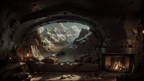 a view of a fireplace with a mountain view through it, magical environment, cosy enchanted scene, fantasy setting, beautiful fan...